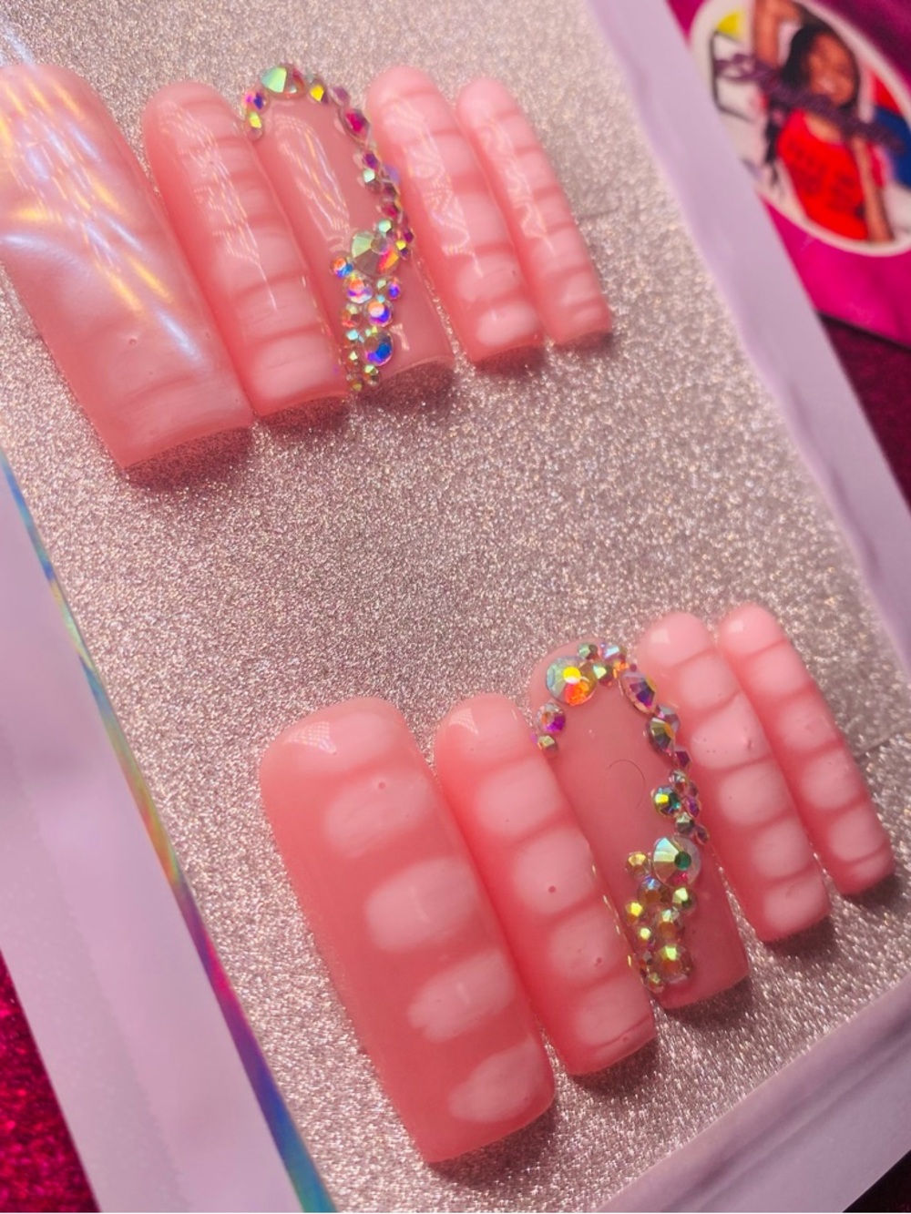 Pink Rhinestone Press-On Nail Set
